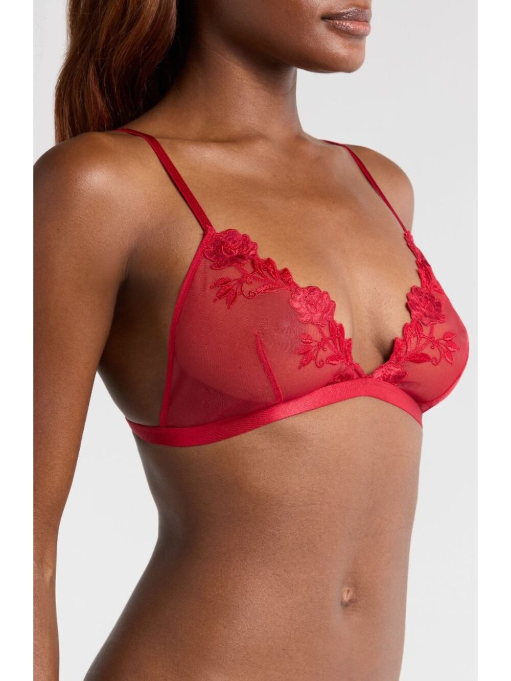 🆕ETAM Sheer Mesh Desinvolte Embroidered Triangle Wireless Bra 36D Red